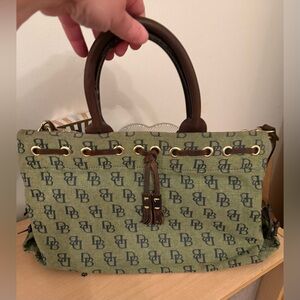 Vintage Dooney & Bourke Monogrammed Green and Blue w/ Leather Trim Shoulder Bag